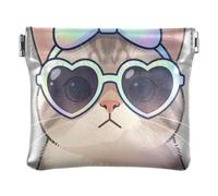 Women PU Leather Coin Pouch, Kiss Lock Purse Money Pouch | Portable, Closes Securely, Spring Frame, Safety Pins, Paper Clips, Cat with Glasses