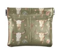 Women PU Leather Coin Pouch, Pinch-to-Open Purse Money Pouch | Soft, Waterproof, Spring Frame, Paper Clips, Safety Pins, Western Boho Chic Bull Skull
