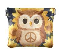 Women PU Leather Coin Purse, Kiss Lock Coin Purse Money Pouch | Lightweight, Closes Securely, Pocket Size, Keys, Safety Pins, Hippie Owl with Sunflowers
