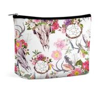 Women PU Leather Cosmetic Bag, Makeup Case Purse Holder Zipper Pouch Handbag Organizer Toiletry Storage 6.8x5.9x2.3 in Print Deer Skulls with Flowers and Dream Catchers Watercolor