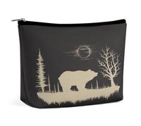 Women PU Leather Cosmetic Bag, Makeup Case Purse Holder Zipper Pouch Handbag Organizer Toiletry Storage 6.8x5.9x2.3 in Print Hand Drawn Gold Animal Bear Silhouette Trees Full Moon on Dark