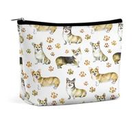 Women PU Leather Cosmetic Bag, Makeup Case Purse Holder Zipper Pouch Handbag Organizer Toiletry Storage 6.8x5.9x2.3 in Print Watercolor Seamless Brown Corgi with Paw Prints Puppy Dog