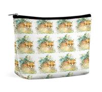 Women PU Leather Cosmetic Bag, Makeup Case Purse Holder Zipper Pouch Handbag Organizer Toiletry Storage 6.8x5.9x2.3 in Print Watercolor Forest Orange Fox with Green Grass on White