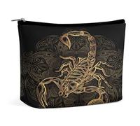 Women PU Leather Cosmetic Bag, Makeup Case Purse Holder Zipper Pouch Handbag Organizer Toiletry Storage 6.8x5.9x2.3 in Print Scorpion Tattoo Ornate Gold Scorpion