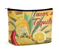 Women PU Leather Cosmetic Bag, Makeup Case Purse Holder Zipper Pouch Handbag Organizer Toiletry Storage 6.8x5.9x2.3 in Print Yellow Mexican Food Tortilla, Hamburger, Burrito, Tequila