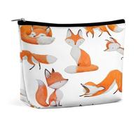 Women PU Leather Cosmetic Bag, Makeup Case Purse Holder Zipper Pouch Handbag Organizer Toiletry Storage 6.8x5.9x2.3 in Print Watercolor Orange White Foxes Doing Different Actions on White