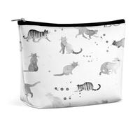 Women PU Leather Cosmetic Bag, Makeup Case Purse Holder Zipper Pouch Handbag Organizer Toiletry Storage 6.8x5.9x2.3 in Print Black White Watercolor Cats with Dots Stains Spots on White