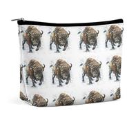 Women PU Leather Cosmetic Bag, Makeup Case Purse Holder Zipper Pouch Handbag Organizer Toiletry Storage 6.8x5.9x2.3 in Print Watercolor Angry Buffalo, Bison, Bull, Wild Animal Paint