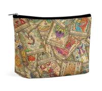 Women PU Leather Cosmetic Bag, Makeup Case Purse Holder Zipper Pouch Handbag Organizer Toiletry Storage 6.8x5.9x2.3 in Print Vintage Tarot Cards Old Retro Style