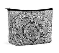 Women PU Leather Cosmetic Bag, Makeup Case Purse Holder Zipper Pouch Handbag Organizer Toiletry Storage 6.8x5.9x2.3 in Print Ethnic Tribal Bohemian Paisley Tattoo Mandala Flower Monochrome