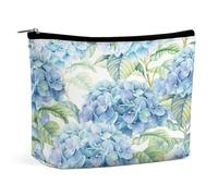 Women PU Leather Cosmetic Bag, Makeup Case Purse Holder Zipper Pouch Handbag Organizer Toiletry Storage 6.8x5.9x2.3 in Print Watercolor Turquoise Hydrangea Seamless Blue Flowers Texture