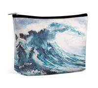 Women PU Leather Cosmetic Bag, Makeup Case Purse Holder Zipper Pouch Handbag Organizer Toiletry Storage 6.8x5.9x2.3 in Print Great Ocean Waves Watercolor in Blue Turquoise Style