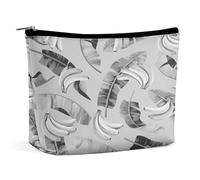 Women PU Leather Cosmetic Bag, Makeup Case Purse Holder Zipper Pouch Handbag Organizer Toiletry Storage 6.8x5.9x2.3 in Print Seamless Black Grey Banana Leaves and Bananas on Grey