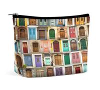 Women PU Leather Cosmetic Bag, Makeup Case Purse Holder Zipper Pouch Handbag Organizer Toiletry Storage 6.8x5.9x2.3 in Print Ancient Wooden Door From all Around The World