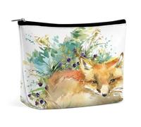 Women PU Leather Cosmetic Bag, Makeup Case Purse Holder Zipper Pouch Handbag Organizer Toiletry Storage 6.8x5.9x2.3 in Print Watercolor Forest Orange Fox with Green Grass on White