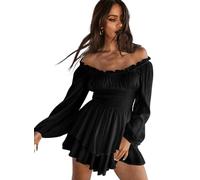 Women Puff Sleeve Square Neck Romper Dress Off Shoulder Ruffle Shorts Smocked Layered Flowy A Line MiniBeach Swing Dress Sundress (B-Black, XL)