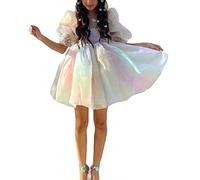 Women Puffy Sleeve Prom Dresses MechTulle Evening Dress Square Collar Ruffles Princess Ball Gown Mini Dress (Multicolor, Small)