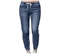 Women Pull On Denim Pants Drawstring Elastic Waist Pockets Joggers Sweatpants Casual Boyfriend Jeans Leggings