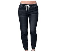 Women Pull On Denim Pants Drawstring Elastic Waist Pockets Joggers Sweatpants Casual Boyfriend Jeans Leggings