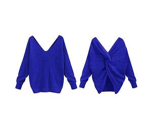 Women Pullover Sweater Christmas Jumpers for Women Women's Two V Neck Knotted Over Open Back Knit Sweater Topdacron High Neck Jumper Women Yellow Jumper Women Ladies (Blue, L)