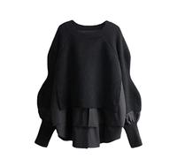 Women Pullover Sweater Shirt Patchwork Oversized Fake Two Piece Fashion Autumn Winter Sweaters Knitted Tops Black