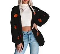 Women Pumpkin Print Cardigan Loose Long Sleeve Open Front Drop Shoulder Solid Halloween Knitted Sweater Cozy Holiday Sweater (A-Black, L)