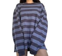 Women Punk Gothic Long Striped Sweater Ripped Hollow Knitted Jumper Vintage 90s Grunge Style Harajuku Aesthetics Knitwear (B-Blue, XL)