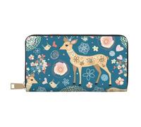 Women Purses, PU Leather Long Wallet with Zipper Coin Pocket 12 Card Slots | Cartoon Deer Flower Printed Ladies Purse Wallet, Long Purses For Women & Men