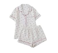 Women Pyjama Sets Pink Bow Print Short Sleeve Nightshirts & Bottoms 2 Piece Outfits Casual Button Down Shirt Shorts Sleepwear Homewear Nightwear 2026 Fashion Sleep Lounge Wear
