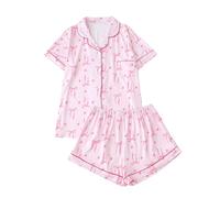Women Pyjama Sets Pink Bow Print Short Sleeve Nightshirts & Bottoms 2 Piece Outfits Casual Button Down Shirt Shorts Sleepwear Homewear Nightwear 2026 Fashion Sleep Lounge Wear