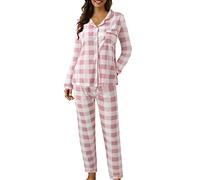 Women Pyjamas Sets, Soft Comfy Plain Print Long Sleeve Button Up Top & Bottoms Loungewear Plus Size Two Piece Pj Sets Cosy Pajamas Sleepwear Nightwear Ladies Homewear 2 Piece Pjs Set Winter Pyjamas