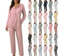 Women Pyjamas Sets, Soft Comfy Plain Print Long Sleeve Button Up Top & Bottoms Loungewear Plus Size Two Piece Pj Sets Cosy Pajamas Sleepwear Nightwear Ladies Homewear 2 Piece Pjs Set Winter Pyjamas
