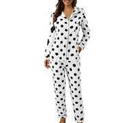 Women Pyjamas Sets, Soft Comfy Plain Print Long Sleeve Button Up Top & Bottoms Loungewear Plus Size Two Piece Pj Sets Cosy Pajamas Sleepwear Nightwear Ladies Homewear 2 Piece Pjs Set Winter Pyjamas