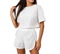 Women Pyjamas Shorts Set Babydoll Loungwear Short Sleeve Sleepwear Soft Cotton PJs Crew Neck Top Elastic Waist Shorts Summer Lounge Sets Comfy Homewear Cami Nightwear Female Negligee Bedroom Vacation