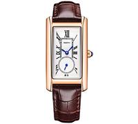Women Quartz Watch Lady Stylish Rectangle Dress Watch with Leather Strap and Blue Crystal Crown, Rose Brown, Fashion, Vintage, Classic