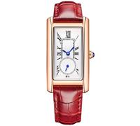 Women Quartz Watch Lady Stylish Rectangle Dress Watch with Leather Strap and Blue Crystal Crown, Rose Red, Quartz Watch