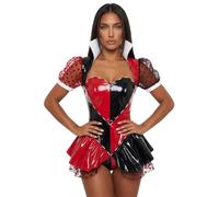 Women Queen of Hearts Costume Corset Romper Halloween Fancy Cosplay Outfit | High-collared Red Black Split Vinyl Corset Romper Gothic Queen Halloween Cosplay Fancy Dress Costume