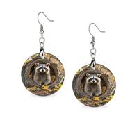 Women Raccoon in The Fall Tree Hole Wooden Earrings Lightweight Dangle Earrings Geometric Drop Earring Vintage Round Retro Daily Wear Jewelry Gift for Wedding Party Graduation