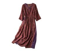 Women Ramie Cotton Dress Summer Flower Print Vintage High Waist A Line Long Dress Purple XXL