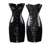 Women Red And Black Latex Wet Look Dress Gothic Faux Leather Lace Up Sexy Corset Dress Clubwear-Black-L