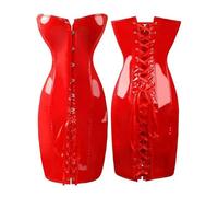 Women Red And Black Latex Wet Look Dress Gothic Faux Leather Lace Up Sexy Corset Dress Clubwear-Red-L