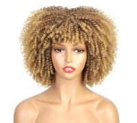 Women Red Wig with Fringe Long Blue Afro Wigs for Black Women Afro Kinky-Curly Human Hair Wig Bob Synthetic Glueless Fun Anime 80S Cosplay Party Wigs 9.09090909090909 inch