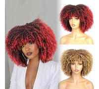 Women Red Wig with Fringe Long Blue Afro Wigs for Black Women Afro Kinky-Curly Human Hair Wig Bob Synthetic Glueless Fun Anime 80S Cosplay Party Wigs 9.09090909090909 inch