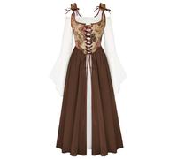 Women Renaissance Costume Bell Sleeve Medieval Fairy Dress Brown Floral 12