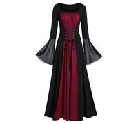 Women Renaissance Costume Halloween Pirate Peasant Long Sleeve Fancy Dress Medieval Smocked Midi Evening Vampire Ladies Dresses Gothic Cosplay Lolita Costumes Dress, Red, XXL