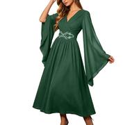 Women Renaissance Lace-up Bell Sleeves Medieval Maxi Dress | V-Neck, 3/4 Bell Sleeves, Lace-up Front, High Waist, Smocked Back, Slit at the front left hem, Pockets on Both Sides