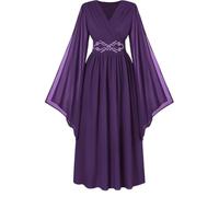 Women Renaissance Lace-up Bell Sleeves Medieval Maxi Dress | V-Neck, 3/4 Bell Sleeves, Lace-up Front, High Waist, Smocked Back, Slit at the front left hem, Pockets on Both Sides