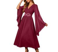 Women Renaissance Lace-up Bell Sleeves Medieval Maxi Dress | V-Neck, 3/4 Bell Sleeves, Lace-up Front, High Waist, Smocked Back, Slit at the front left hem, Pockets on Both Sides