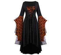 Women Renaissance Maxi Dress Halloween Party Bell Long Sleeve Elastic Dresses Waist Smocked A-Line Medieval Costume Flare Corset For Carnival Cosplay