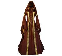 Women Renaissance Maxi Dress Vintage Dresses Womens Witch With Hooded Cape Waist Smocked A-Line Medieval Costume Cloak For Halloween Carnival Cosplay